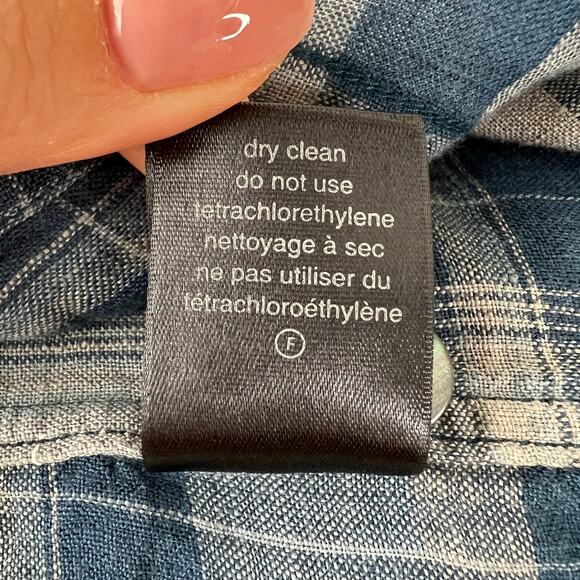 JOHN VARVATOS Blue Gray Plaid Linen Button-Down Collared Pocket Shirt Top Size L - Picture 8 of 8